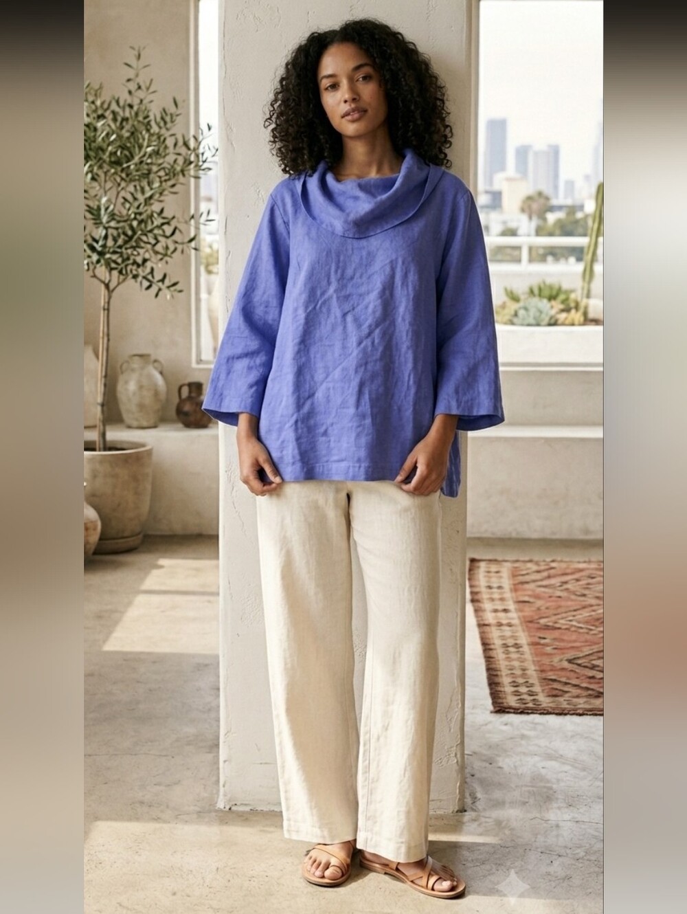 Vtg Linen Shirt Sleeve Top Blue Purple